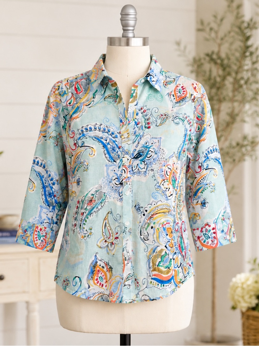 Chico's Linen No-Iron Blouse Top Paisley Size 0 Small Coastal Resort Boho Chic